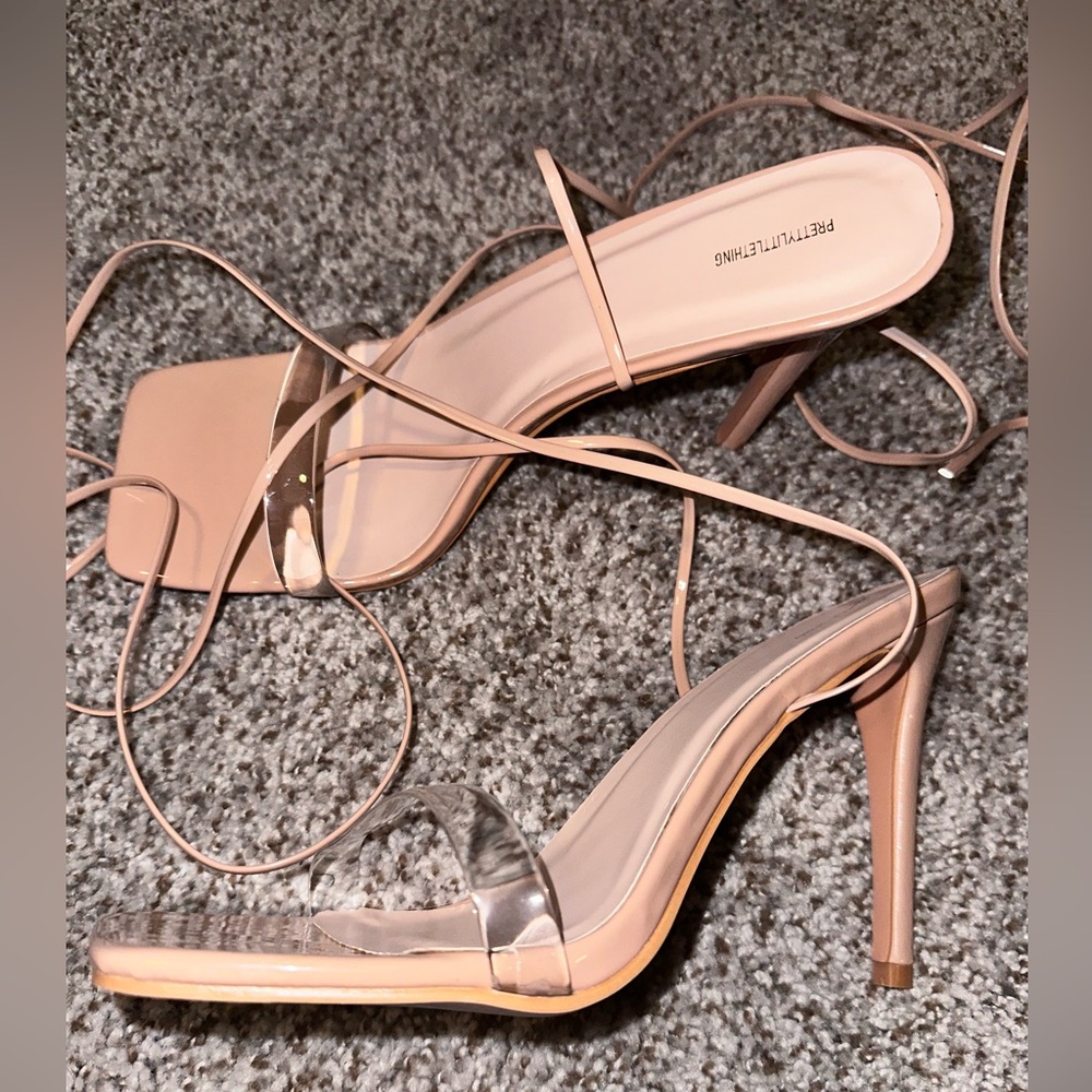 Pretty Little Thing Tie-Up Tan skinny heel with Square Toe
